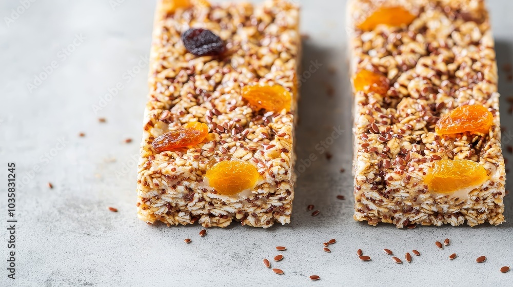Crunchy granola bars topped with dried fruits, ideal for a nutritious snack or energy boost. Crunchy granola bars topped with dried fruits, ideal for a nutritious snack or energy boost.