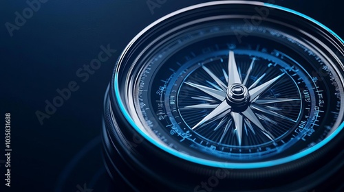 Quantum time compass, rotating symbols, dark background, neon blue