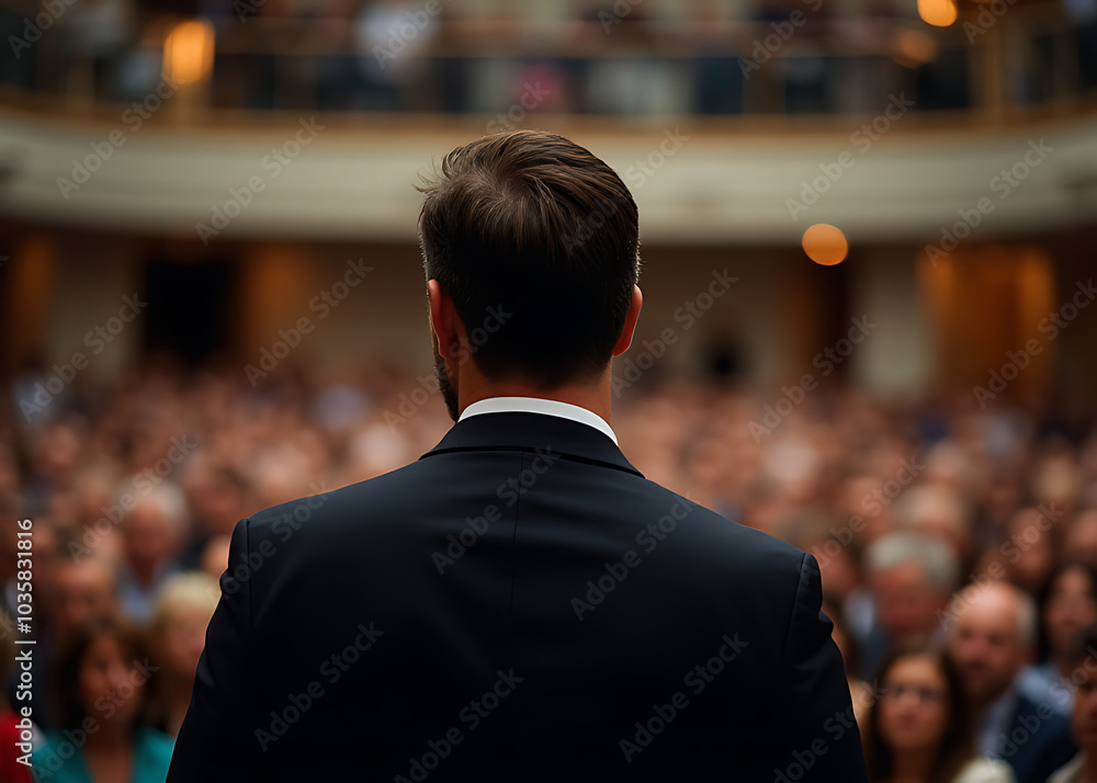 Fototapeta premium A man speaks at a crowded event behind an attentive crowd of listeners.