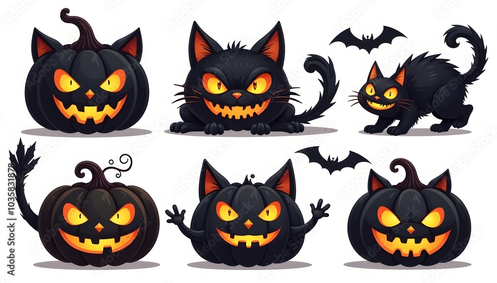 Scary Black Cats and Pumpkin Characters for Halloween Scary Black Cats and Pumpkin Characters for Halloween