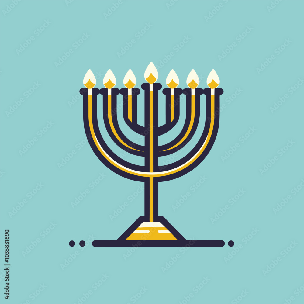 Simple illustration of menorah with lit candles on blue background Simple illustration of menorah with lit candles on blue background