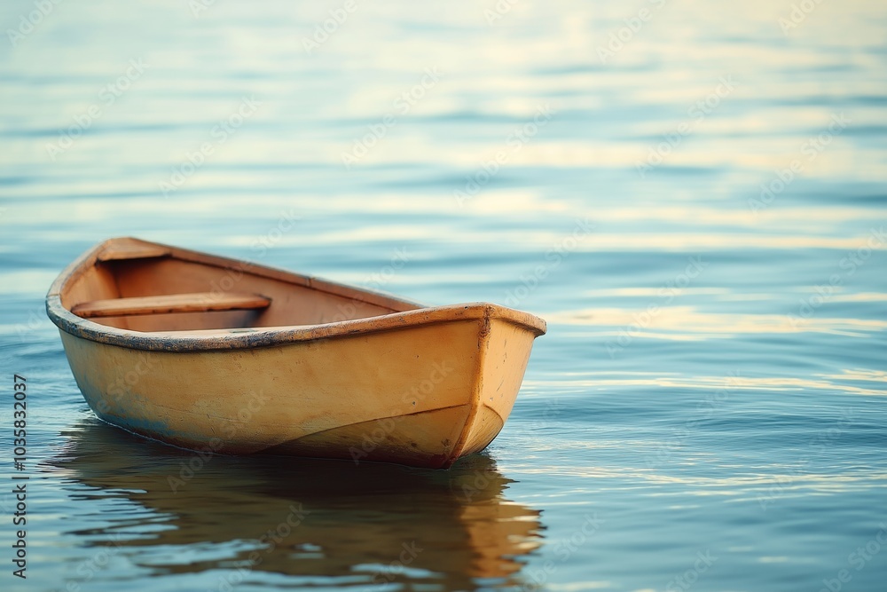 A lonely wooden boat is gently floating on still, calm water, representing solitude, peace, and simplicity in nature. A lonely wooden boat is gently floating on still, calm water, representing solitude, peace, and simplicity in nature.