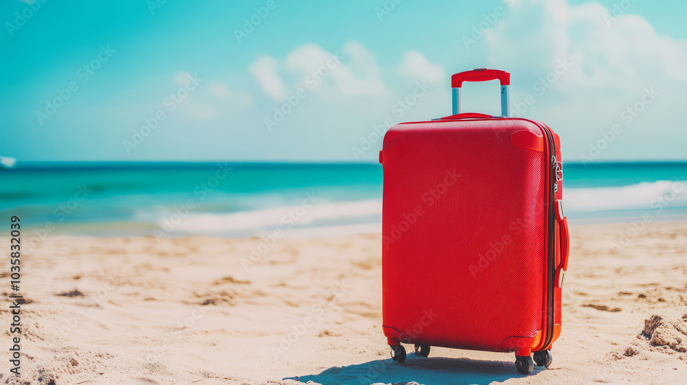 vibrant red carry on suitcase stands on sandy beach under clear blue sky, evoking sense of travel and adventure vibrant red carry on suitcase stands on sandy beach under clear blue sky, evoking sense of travel and adventure
