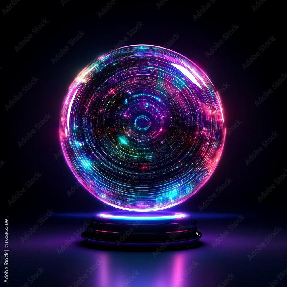 Quantum time sphere, rotating holograms, cosmic backdrop, ethereal glow