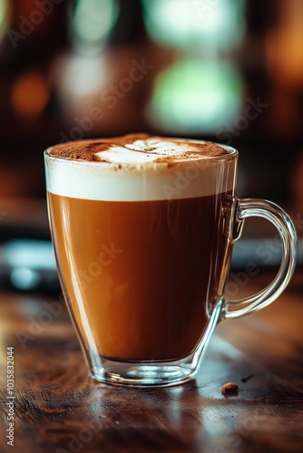 A steaming cappuccino sits with a frothy top, inviting indulgence and comfort in a cozy and warm atmosphere.