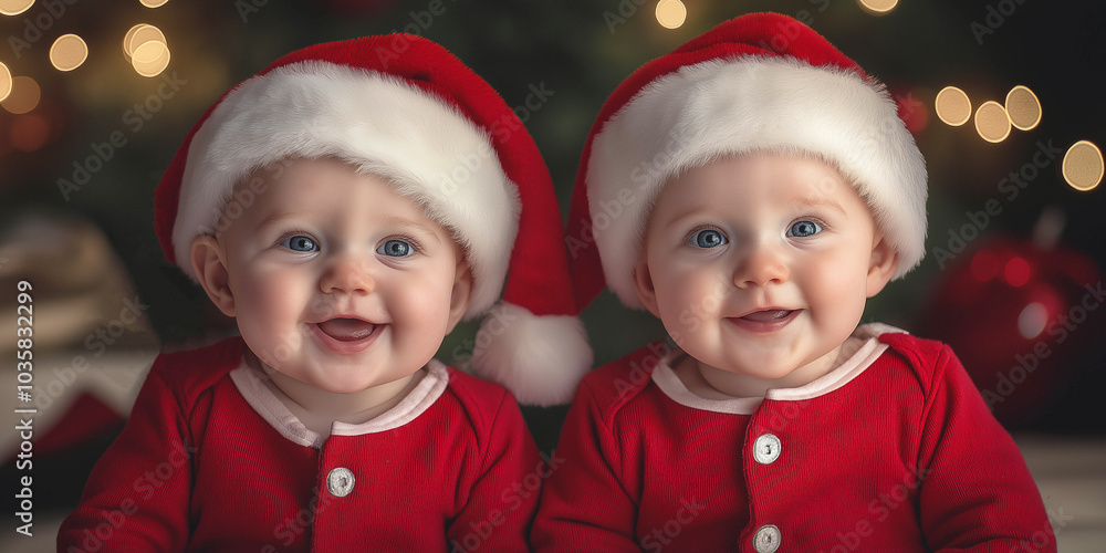 A photograph of two one-year-old twins of European appearance in front of a Christmas tree, dressed in a Santa Claus costume, happy and smiling. Christmas concept. Advertising banner.