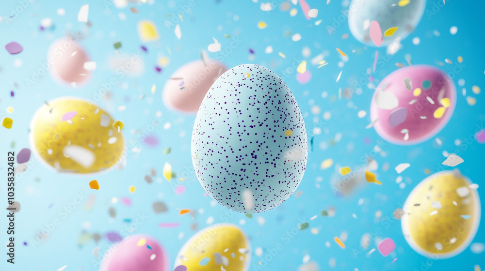 Fototapeta premium Colorful Easter Eggs with Confetti on Blue Background