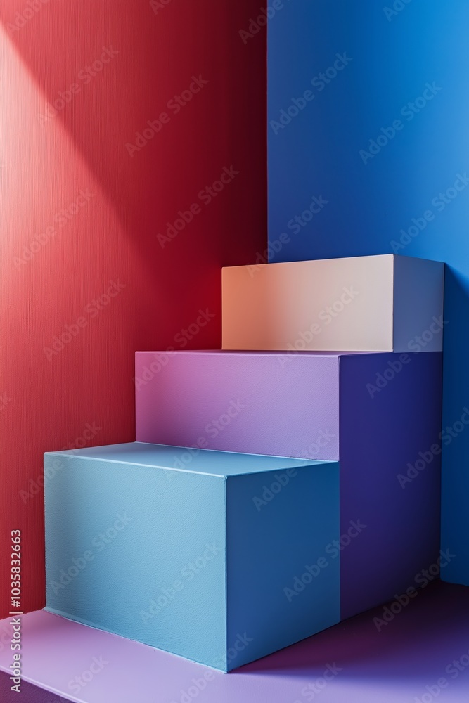 Geometric steps in various colors against a vivid red and blue background emphasizing contrast. Geometric steps in various colors against a vivid red and blue background emphasizing contrast.