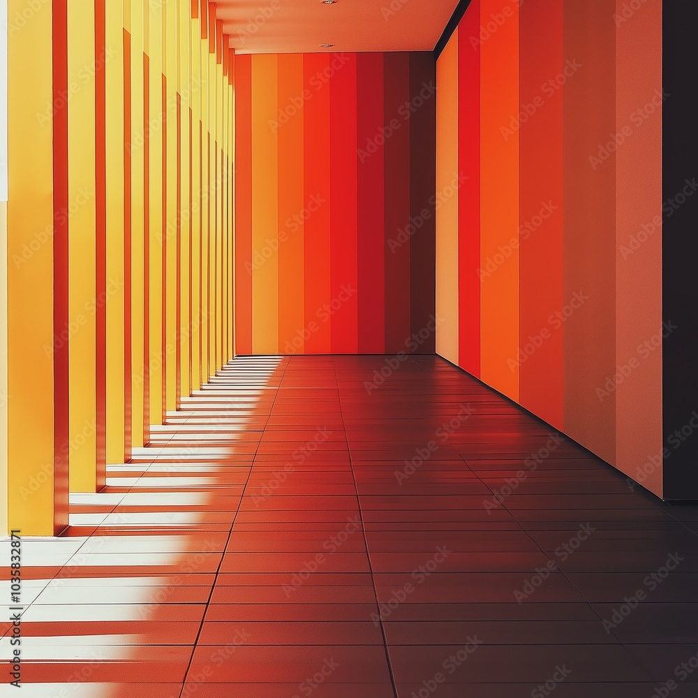 A hallway with bright orange stripes captures attention with its bold design and lighting. A hallway with bright orange stripes captures attention with its bold design and lighting.