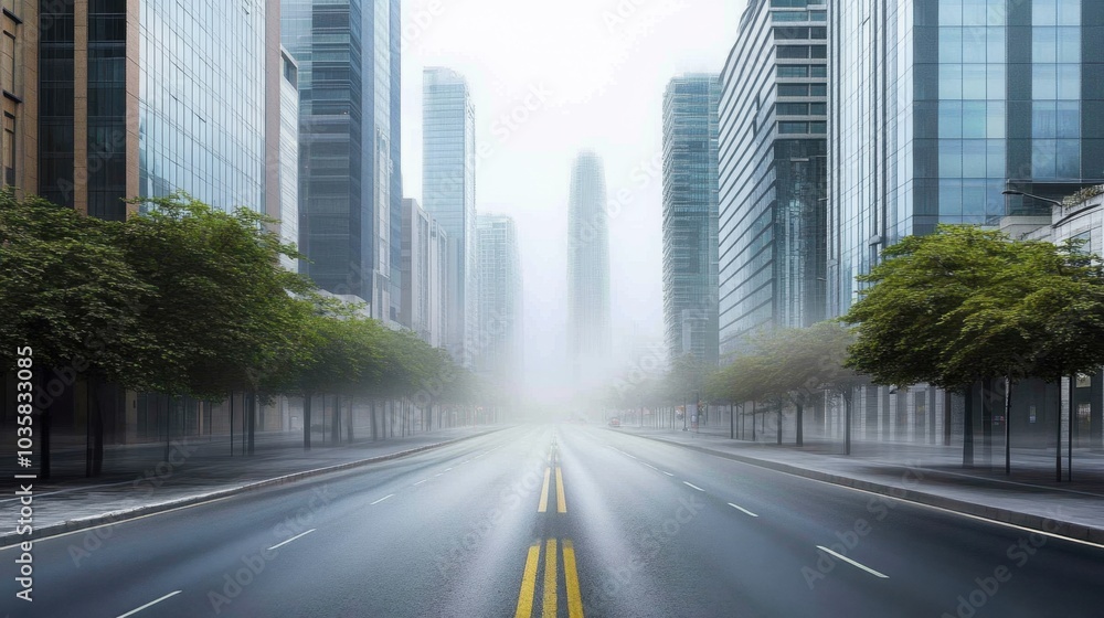 Foggy urban street, empty and quiet, with tall skyscrapers disappearing into the mist above Foggy urban street, empty and quiet, with tall skyscrapers disappearing into the mist above