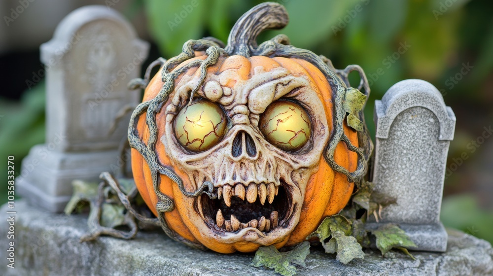 Obraz premium Creepy pumpkin with a skull face sits between two tombstones in a spooky setting, AI