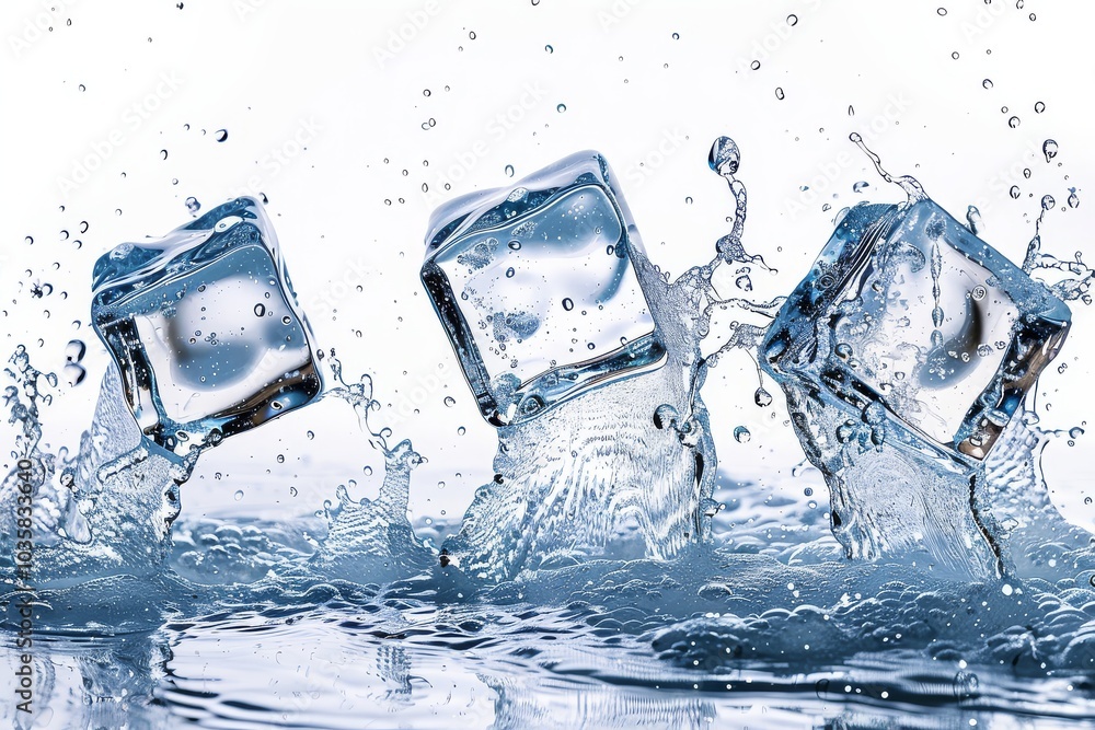 Three ice cubes flying through the air with splashing water, isolated on a white background, showcasing a dynamic and refreshing scene. Three ice cubes flying through the air with splashing water, isolated on a white background, showcasing a dynamic and refreshing scene.