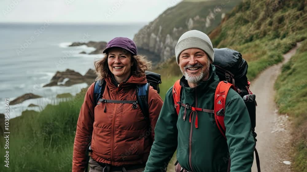 A couple hikes along a coastal path, smiling as they enjoy the scenic view A couple hikes along a coastal path, smiling as they enjoy the scenic view
