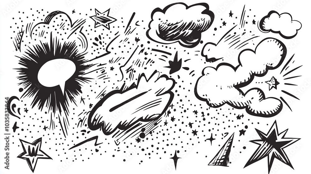 Obraz premium Hand Drawn Doodle Comic Book Speech Bubbles Stars and Clouds Design