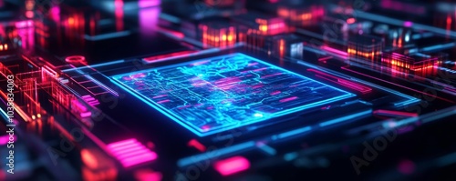 Wallpaper Mural Temporal map, floating display, cyberpunk cityscape, neon colors Torontodigital.ca