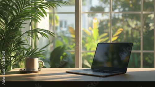 Wallpaper Mural Minimalist home office setup with a sleek laptop, coffee cup, and greenery by the window Torontodigital.ca