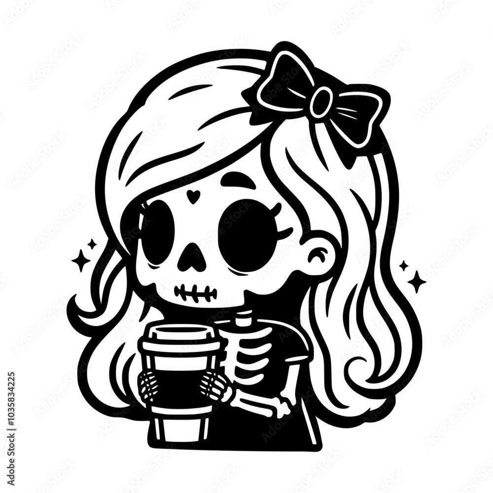 Cute vector illustration of a cute skeleton themed girl holding a coffee cup, adorned with a bow, blending spooky and cozy elements. Cute vector illustration of a cute skeleton themed girl holding a coffee cup, adorned with a bow, blending spooky and cozy elements.