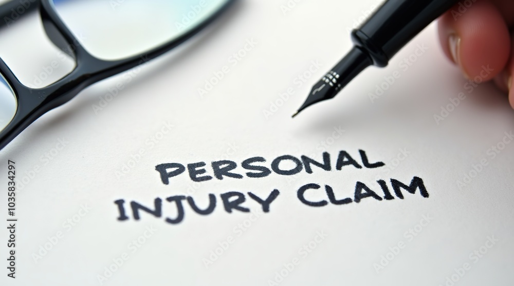 Personal injury claim document with pen and glasses Personal injury claim document with pen and glasses