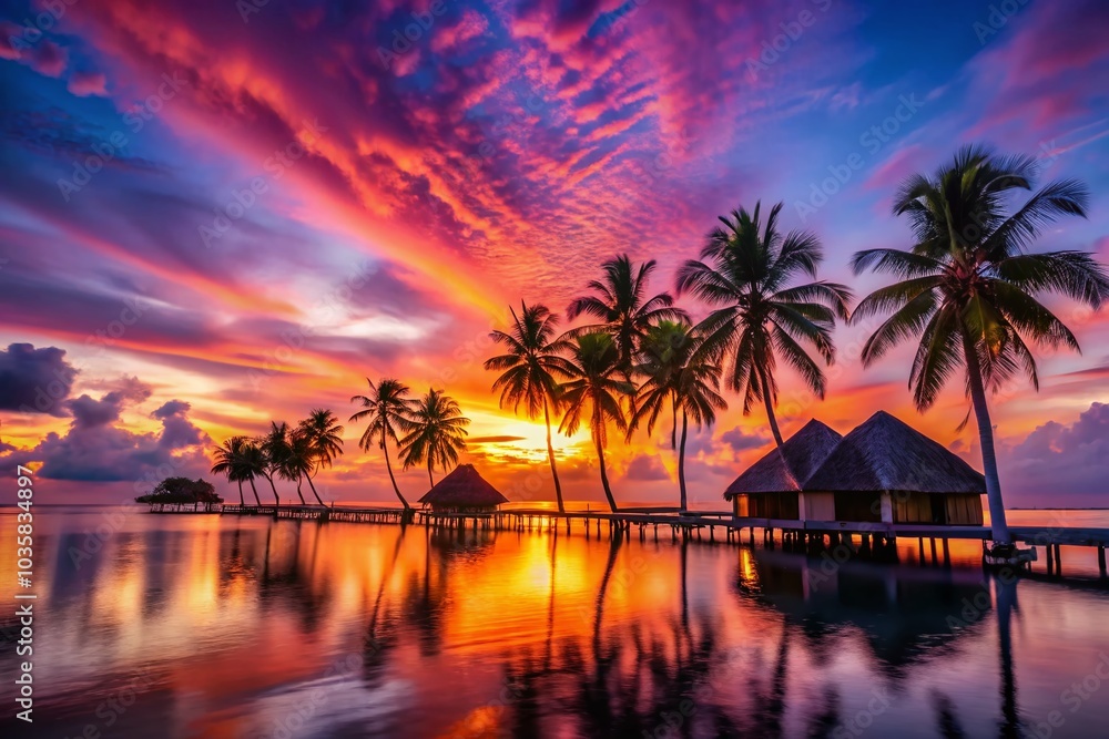 Obraz premium Stunning Silhouette of Palm Trees Against a Vibrant Maldives Sunset