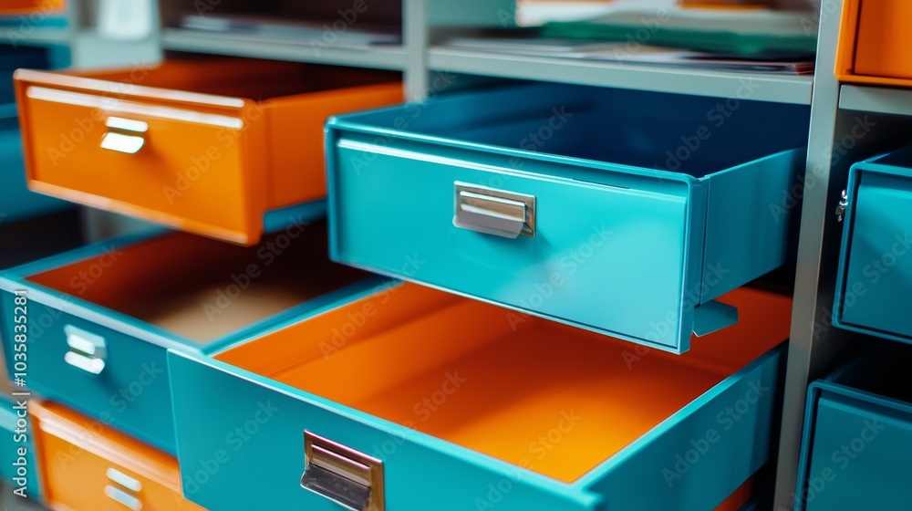 Open blue orange drawers of filing cabinets for storing data, archives and documents in an office setting.. Open blue orange drawers of filing cabinets for storing data, archives and documents in an office setting..