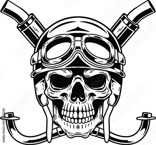 skull wearing helmet, with crossed exhausts, vector illustration