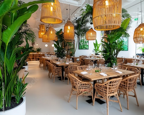 Tropicalthemed restaurant with rattan furniture, large leafy plants, and bamboo accents, creating a relaxed, islandlike vibe photo