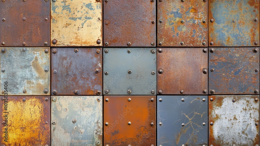 Industrial steel plates covered in rust, joined by heavy rivets forming a gritty, weathered metal wall Industrial steel plates covered in rust, joined by heavy rivets forming a gritty, weathered metal wall