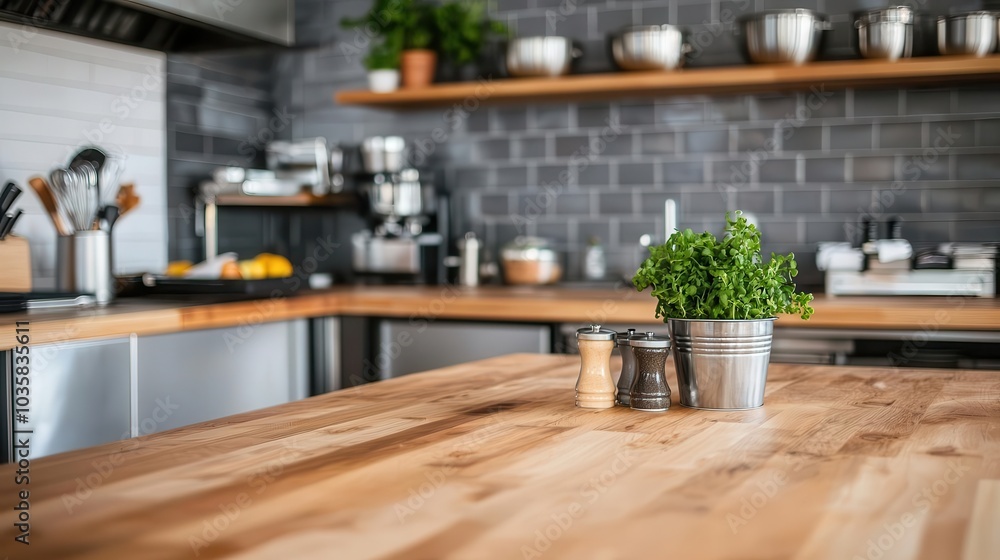 Open kitchen restaurant with industrial decor, stainless steel surfaces, and modern wooden furniture, creating a dynamic and lively ambiance Open kitchen restaurant with industrial decor, stainless steel surfaces, and modern wooden furniture, creating a dynamic and lively ambiance