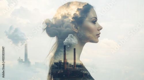 Double exposure of a woman with smoke and factories representing pollution.