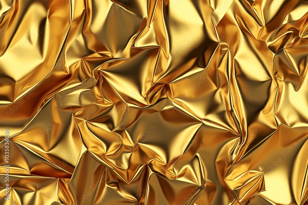 Shiny crumpled gold foil texture, showcasing intricate folds and reflections that create a luxurious and dynamic visual effect. Shiny crumpled gold foil texture, showcasing intricate folds and reflections that create a luxurious and dynamic visual effect.
