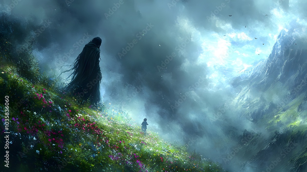 Fototapeta premium Enchanted Landscape with Mysterious Figure and Child