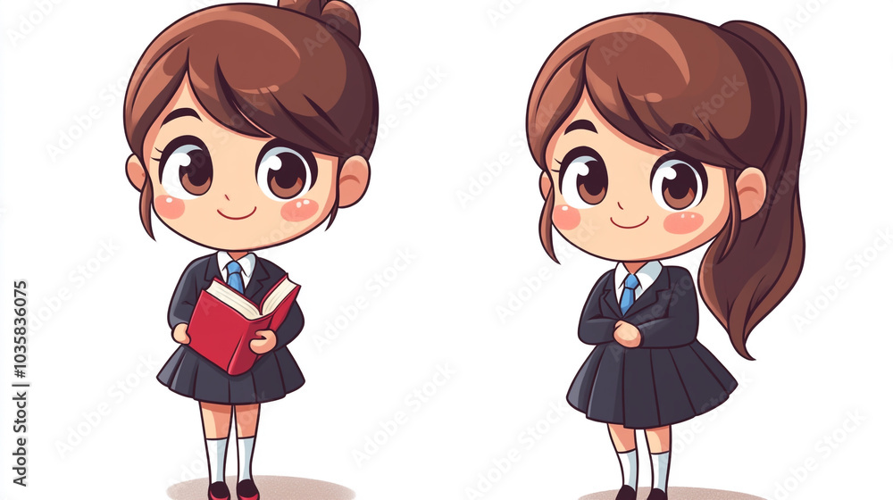 Cute Cartoon Schoolgirls in Uniform Holding Book and Posing Cute Cartoon Schoolgirls in Uniform Holding Book and Posing