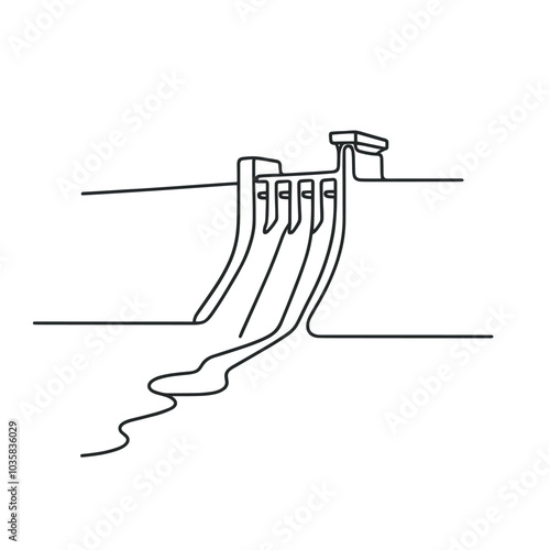Minimalist line drawing of a dam with flowing water