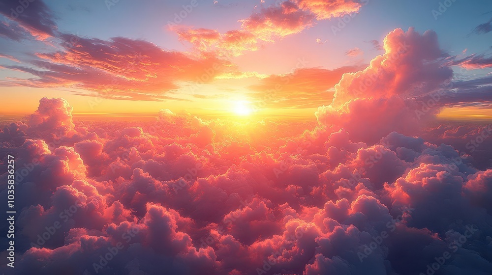 Fototapeta premium stunning sky filled with fluffy cumulus clouds bathed in the warm glow of sunset creating a captivating and serene atmosphere with shades of orange and pink