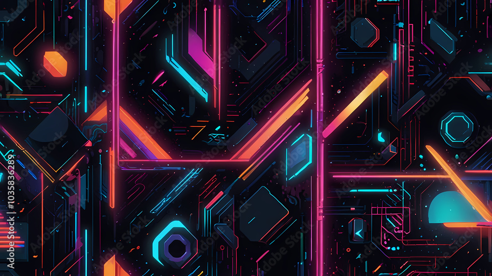 A blend of 80s-style geometric shapes and neon colors, giving a nostalgic but futuristic feel A blend of 80s-style geometric shapes and neon colors, giving a nostalgic but futuristic feel