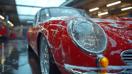 In a bright garage, a classic red vintage car receives a thorough wash, showcasing its sleek curves and gleaming surface covered in soap bubbles under soft lighting. photo