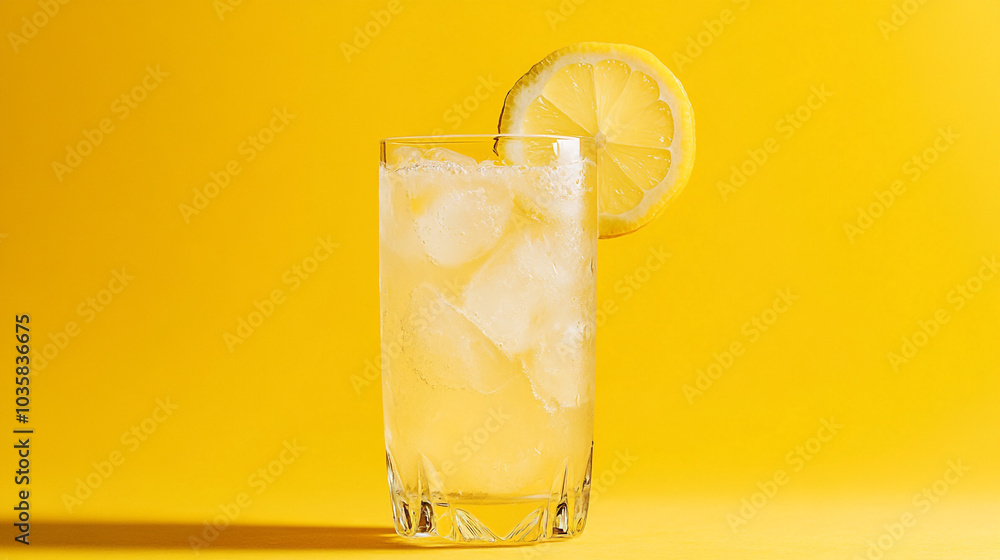 Refreshing Lemon Water with Ice in Glass on Yellow Background Refreshing Lemon Water with Ice in Glass on Yellow Background