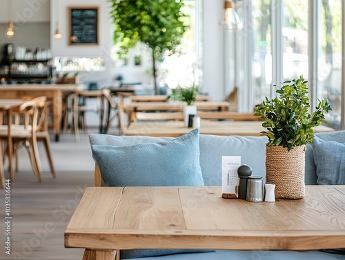 Beachfront restaurant with light driftwood furniture, large open windows, and soft blue tones, creating a breezy, coastal feel