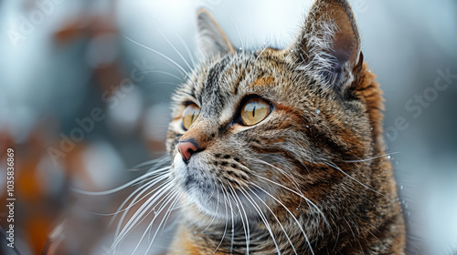 Cat with a yellowish green eye stares at the camera