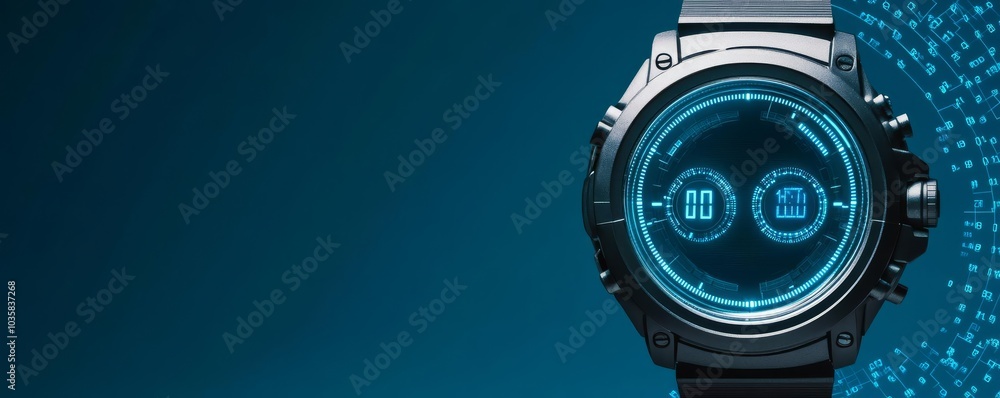 Time-control watch, digital dials, cyberpunk backdrop, blue hue Time-control watch, digital dials, cyberpunk backdrop, blue hue