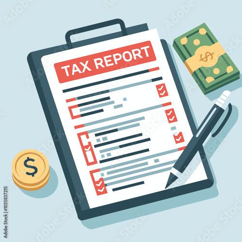 Tax report illustrated with checklist, pen, and money symbols