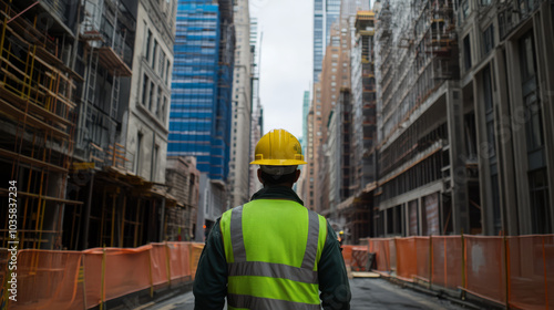 construction worker wearing yellow helmet and reflective vest stands in urban construction site, surrounded by tall buildings and scaffolding. scene conveys sense of progress