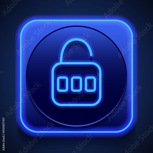 Lock simple icon vector. Flat design. Blue neon style on button. With shadow