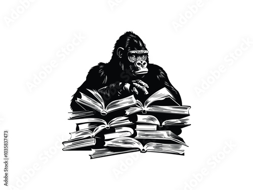 Gorilla Reading Silhouettes for Read Across America Day | Fun Animal Library Illustration photo