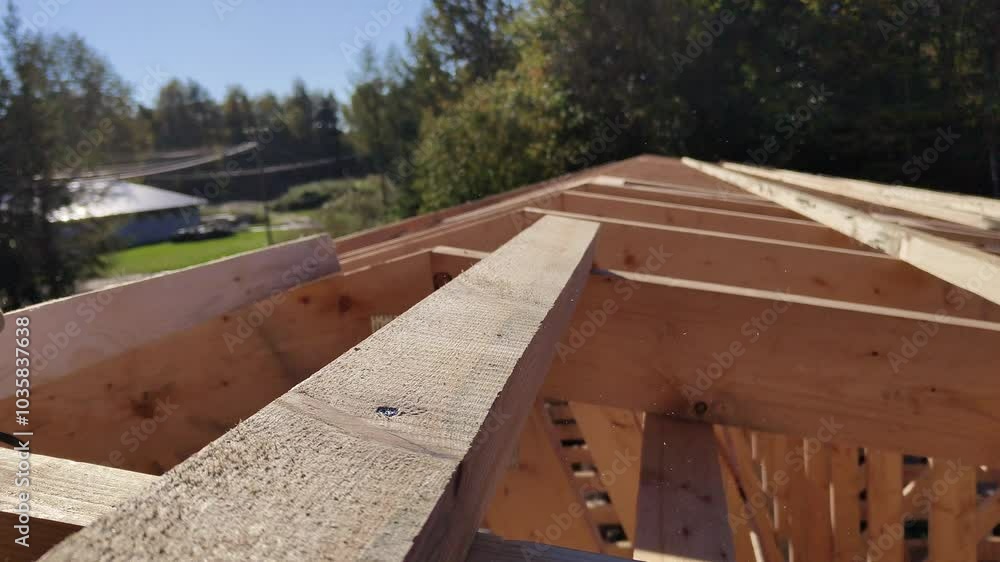 A worker hammering a nail into a wooden beam during the construction of a roof. The beam is part of the roof's wooden trusses A worker hammering a nail into a wooden beam during the construction of a roof. The beam is part of the roof's wooden trusses