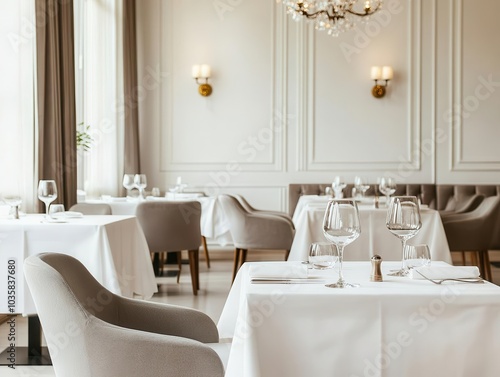 Upscale restaurant interior with velvet drapes, crystal chandeliers, and marble tables, exuding elegance and sophistication