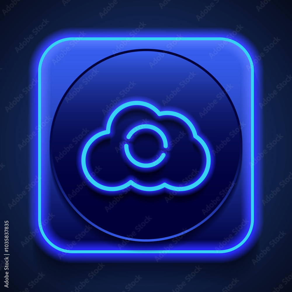 Obraz premium Loading, cloud simple icon vector. Flat design. Blue neon style on button. With shadow