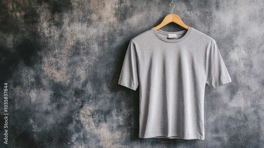 gray t-shirt hanging on a wall with a rustic background gray t-shirt hanging on a wall with a rustic background