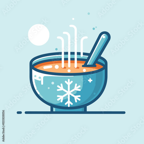 Winter soup illustration with snowflake design in blue bowl