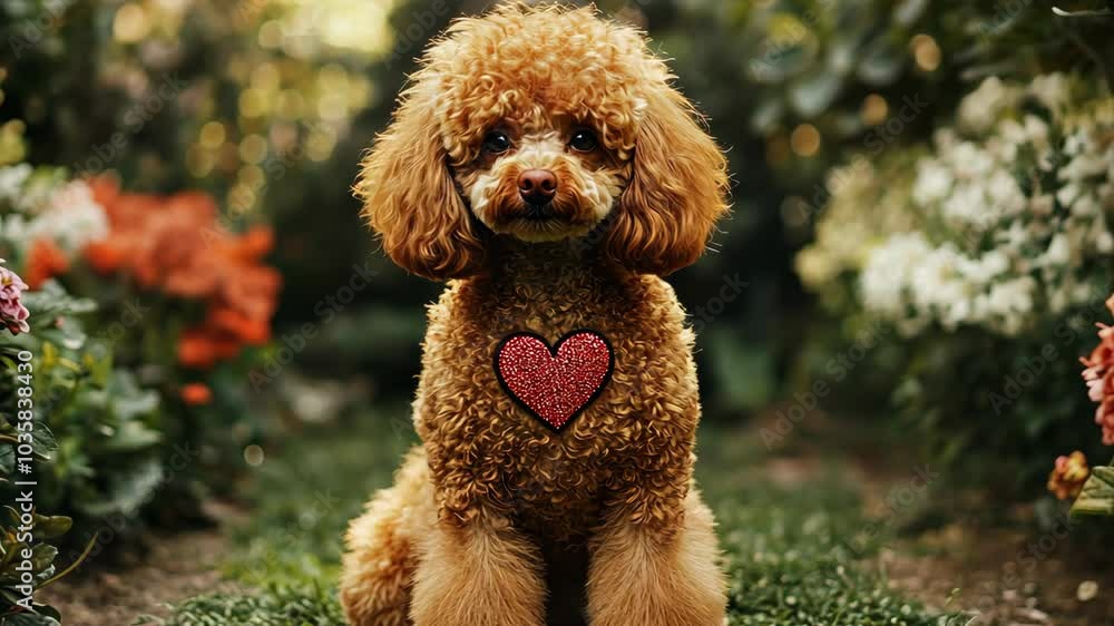 A brown poodle sits in a garden, looking directly at the camera with a red heart on its chest A brown poodle sits in a garden, looking directly at the camera with a red heart on its chest
